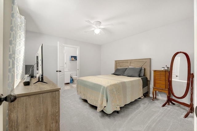 13726 Hamilton Meadows Ln, Fort Wayne, IN 46814 - bedroom with light carpet, ceiling fan, connected bathroom, and baseboards