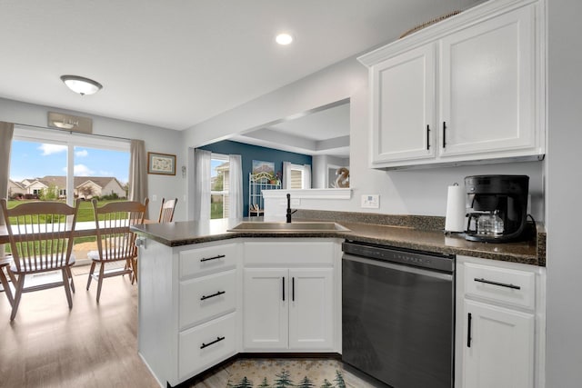 13726 Hamilton Meadows Ln, Fort Wayne, IN 46814 - kitchen with dishwasher, a sink, dark countertops, white cabinetry, and recessed lighting