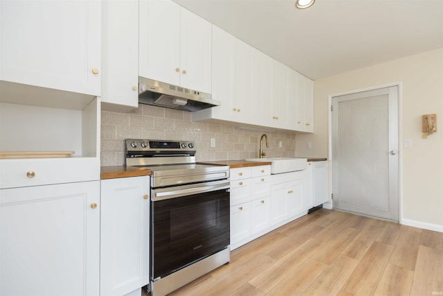 kitchen featuring electric stove, under cabinet range hood, a sink, tasteful backsplash, and light wood-style flooring