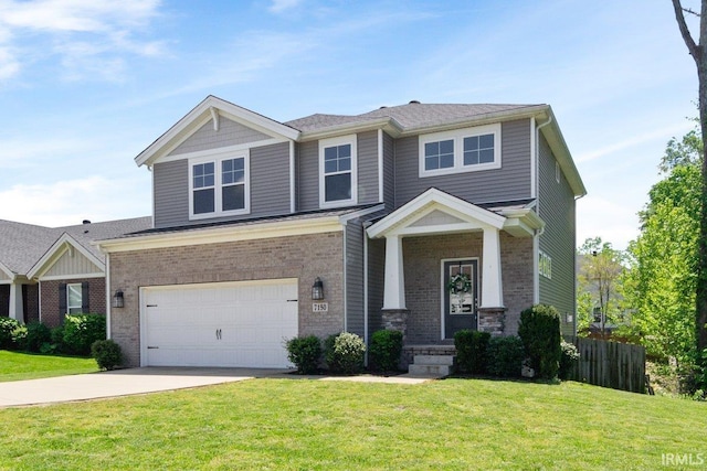 craftsman-style home featuring a garage, concrete driveway, and brick siding
