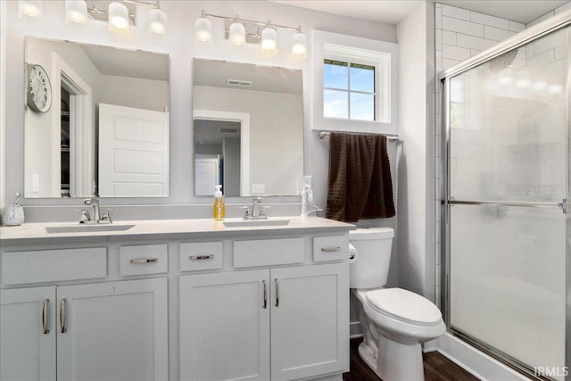 bathroom with toilet, a stall shower, and double vanity