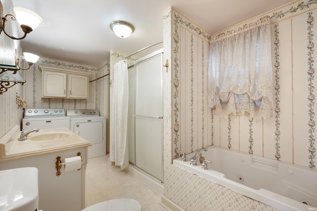 full bath featuring a stall shower, washing machine and dryer, toilet, a whirlpool tub, and wallpapered walls