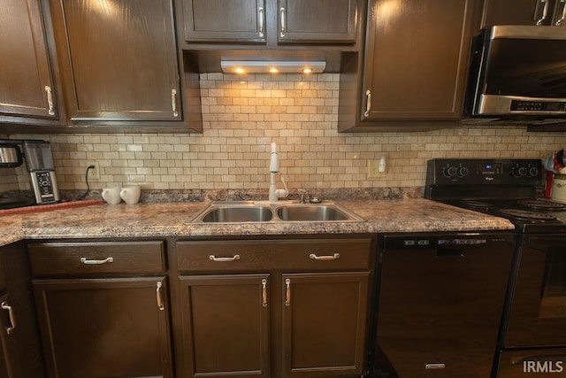 12067 E Bedrock Ln, Springville, IN 47462 - kitchen with black appliances, a sink, decorative backsplash, and dark brown cabinets