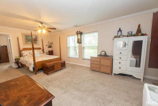 12067 E Bedrock Ln, Springville, IN 47462 - bedroom with light carpet, crown molding, baseboards, and ceiling fan