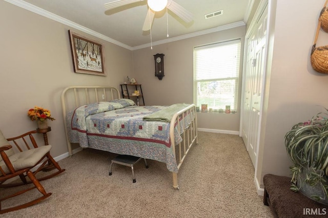 12067 E Bedrock Ln, Springville, IN 47462 - carpeted bedroom with crown molding, baseboards, and ceiling fan