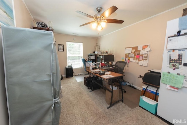 12067 E Bedrock Ln, Springville, IN 47462 - carpeted office with ceiling fan, crown molding, and baseboards