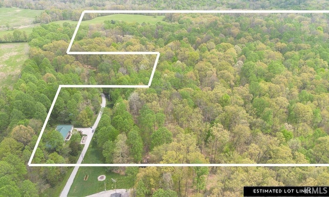 12067 E Bedrock Ln, Springville, IN 47462 - aerial overview of property's location with a heavily wooded area and property boundaries highlighted