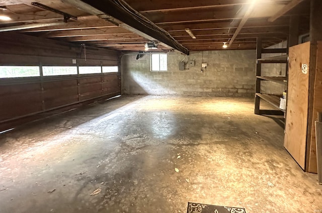 below grade area with concrete block wall and electric panel