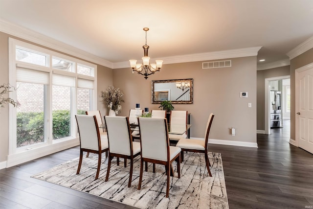 dining area featuring a chandelier, ornamental molding, dark wood-style flooring, baseboards, and recessed lighting