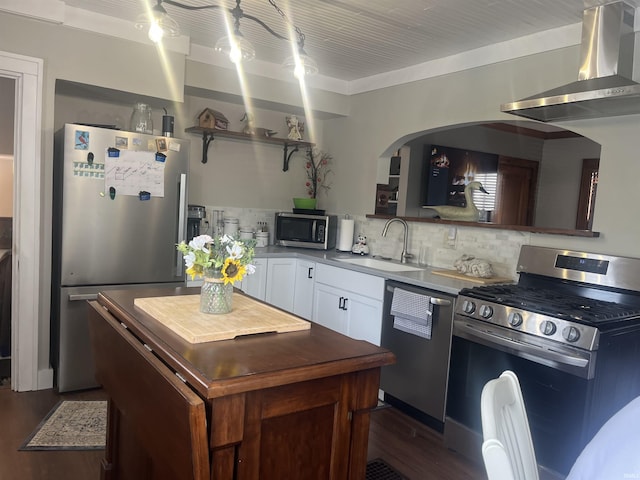 2515 Hubertus Ave, Fort Wayne, IN 46805 - kitchen with appliances with stainless steel finishes, a sink, wall chimney exhaust hood, dark wood-type flooring, and decorative backsplash