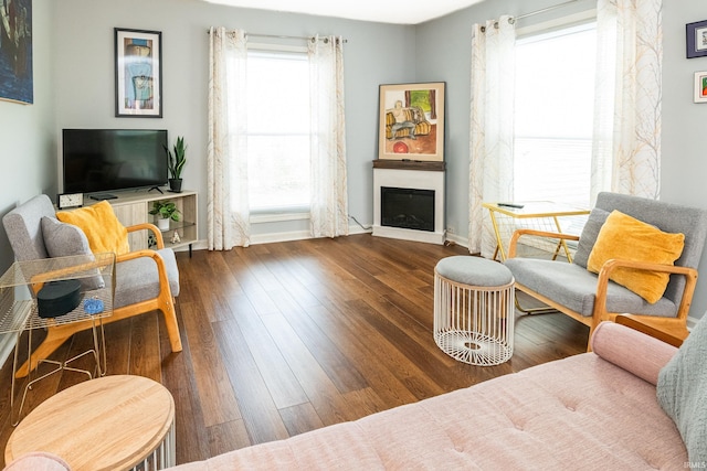 1005 E Buckingham Dr, Bloomington, IN 47401 - living room with a fireplace, wood finished floors, and baseboards