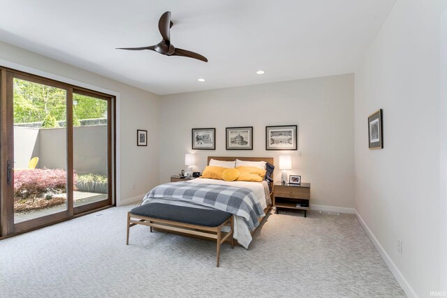 bedroom with access to outside, carpet, baseboards, recessed lighting, and a ceiling fan