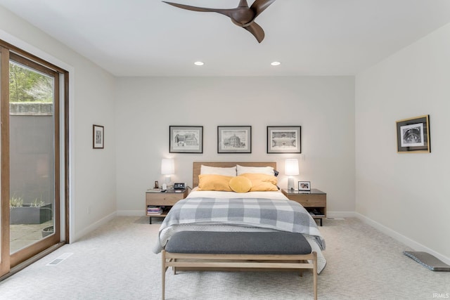 bedroom featuring access to outside, light carpet, baseboards, a ceiling fan, and recessed lighting