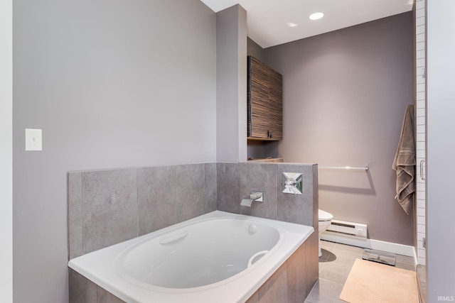 bathroom with toilet, a baseboard heating unit, a bath, baseboards, and recessed lighting