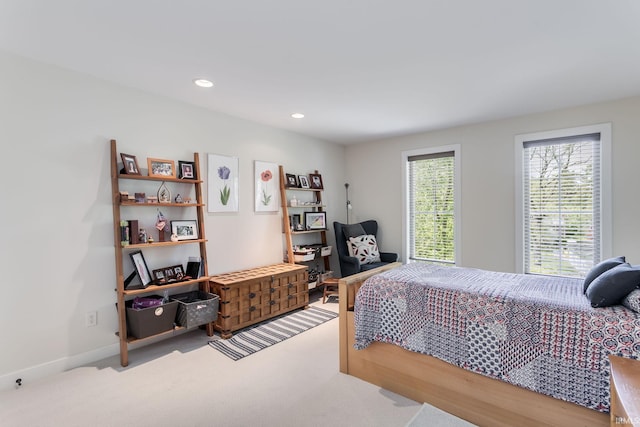 bedroom featuring carpet floors, recessed lighting, and baseboards