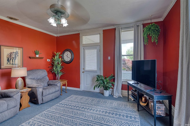 832 N Two Story Rd, Boonville, IN 47601 - carpeted living room with a ceiling fan, ornamental molding, and baseboards