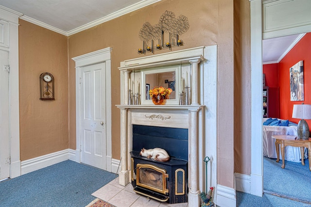 832 N Two Story Rd, Boonville, IN 47601 - tiled living room featuring crown molding, a wood stove, and carpet flooring