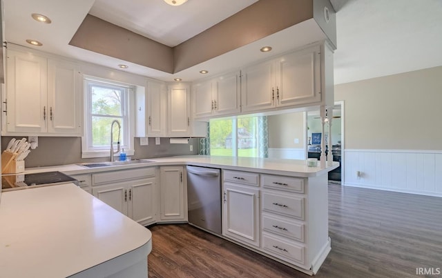 7325 E State Road 218, Lafontaine, IN 46940 - kitchen with stainless steel dishwasher, a sink, a peninsula, dark wood-type flooring, and white cabinetry