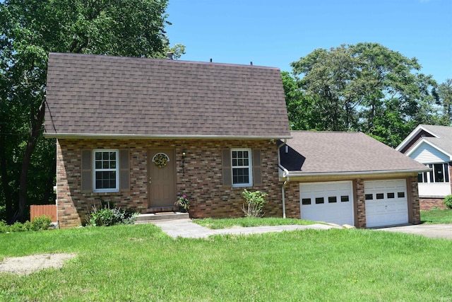 view of front facade featuring a shingled roof, brick siding, an attached garage, and a front lawn