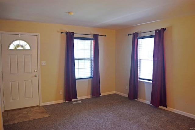 carpeted entrance foyer featuring healthy amount of natural light and baseboards