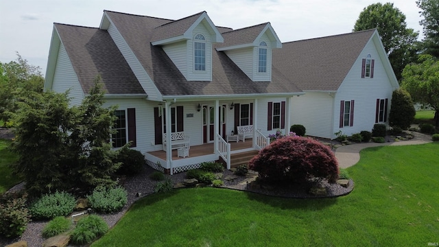 cape cod-style house with a porch, a front lawn, and a shingled roof