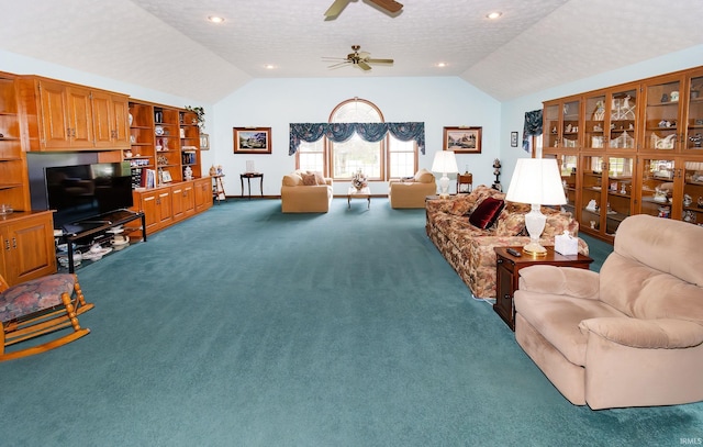 carpeted living area with lofted ceiling, a ceiling fan, a textured ceiling, and recessed lighting