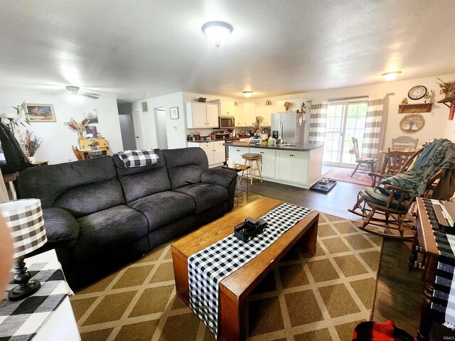living room featuring dark wood-type flooring