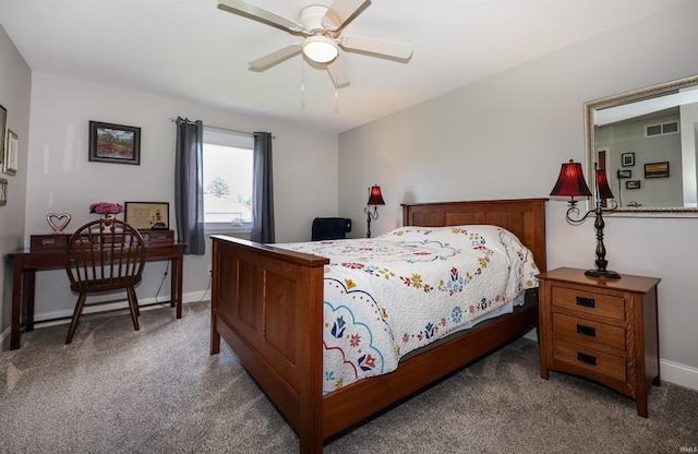 bedroom featuring carpet, baseboards, and a ceiling fan