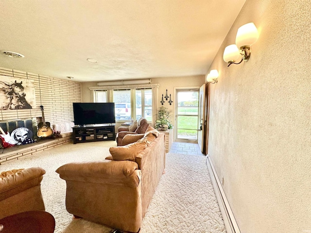52 S 950 E, Greentown, IN 46936 - living area featuring carpet flooring, a baseboard radiator, and a textured wall