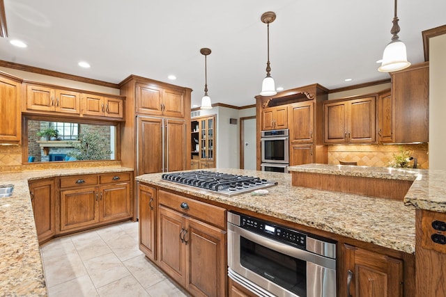 55961 Dana Dr, Bristol, IN 46507 - kitchen with stainless steel appliances, crown molding, brown cabinetry, and recessed lighting