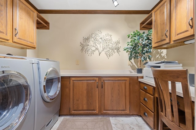 55961 Dana Dr, Bristol, IN 46507 - clothes washing area with washing machine and clothes dryer, cabinet space, and ornamental molding