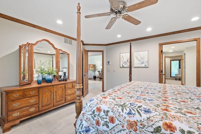 55961 Dana Dr, Bristol, IN 46507 - bedroom with recessed lighting, light colored carpet, crown molding, and ceiling fan