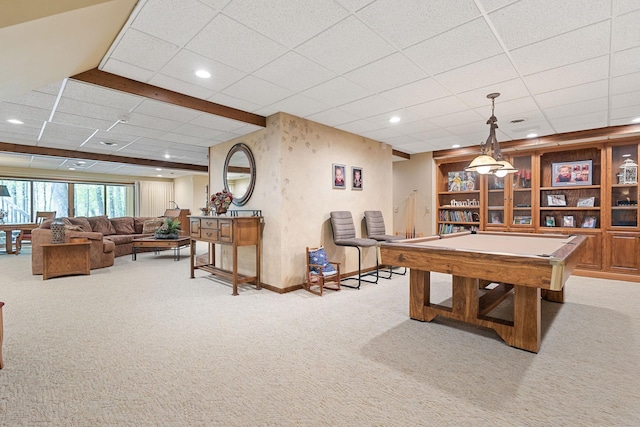 55961 Dana Dr, Bristol, IN 46507 - game room featuring carpet flooring, a drop ceiling, baseboards, billiards table, and recessed lighting