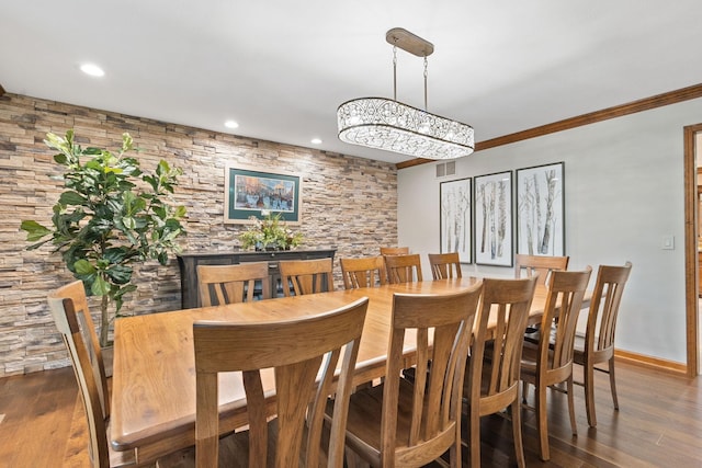 55961 Dana Dr, Bristol, IN 46507 - dining area featuring recessed lighting, wood finished floors, crown molding, baseboards, and a chandelier