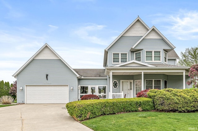 3700 Saint Andrews Pl, Elkhart, IN 46517 - view of front of home with concrete driveway, a front lawn, an attached garage, covered porch, and a shingled roof