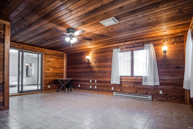 3029 Carroll Rd, Fort Wayne, IN 46818 - unfurnished room featuring a baseboard heating unit, wooden ceiling, wood walls, and a ceiling fan