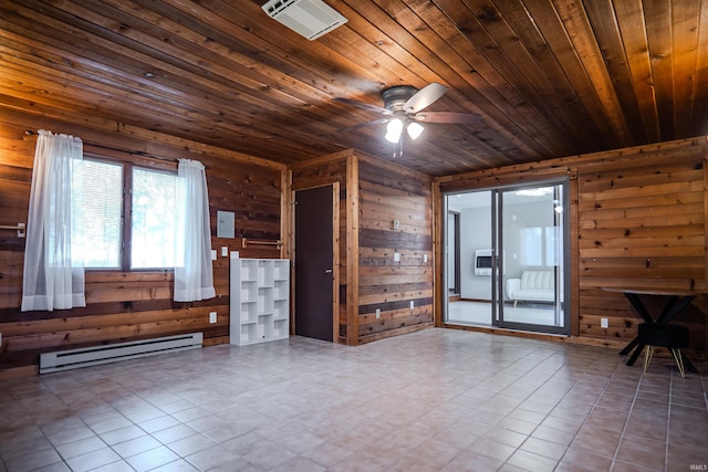 3029 Carroll Rd, Fort Wayne, IN 46818 - unfurnished living room with baseboard heating, wooden walls, wooden ceiling, and ceiling fan