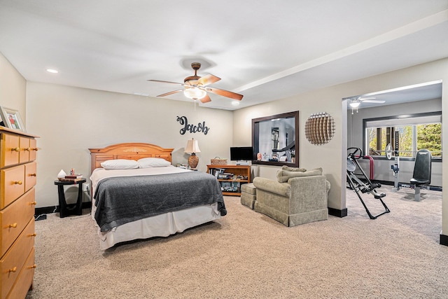 carpeted bedroom with a ceiling fan, recessed lighting, and baseboards