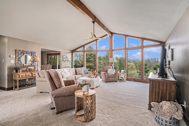living room featuring carpet flooring, ceiling fan, high vaulted ceiling, beamed ceiling, and baseboards