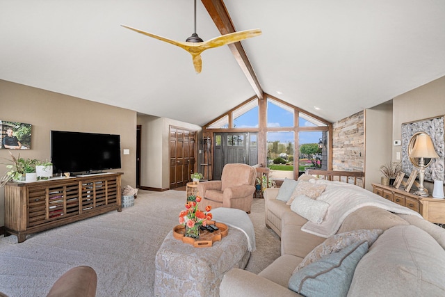 carpeted living area featuring beamed ceiling, baseboards, high vaulted ceiling, and ceiling fan