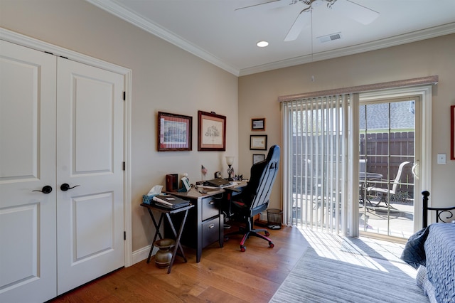 8455 Nolia Ln, Newburgh, IN 47630 - office featuring light wood-type flooring, ceiling fan, crown molding, baseboards, and recessed lighting