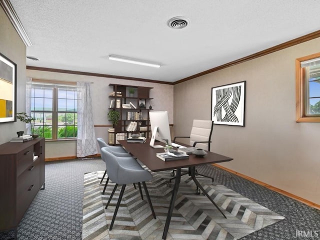 home office featuring baseboards, carpet flooring, and ornamental molding