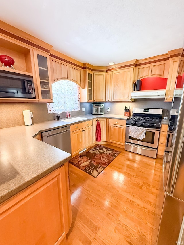 kitchen with stainless steel appliances, a sink, under cabinet range hood, light wood-style flooring, and glass insert cabinets