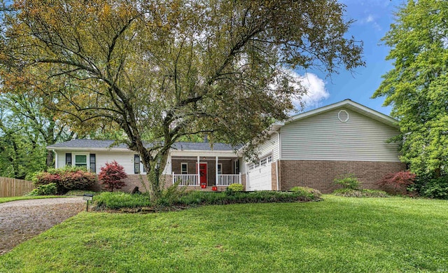 623 Forest Park Dr, Newburgh, IN 47630 - ranch-style house with brick siding, a porch, a garage, and gravel driveway