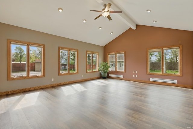 unfurnished living room with baseboard heating, beamed ceiling, a baseboard heating unit, a ceiling fan, and light wood finished floors