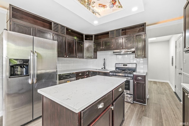 kitchen with stainless steel appliances, under cabinet range hood, a sink, light wood-style floors, and decorative backsplash