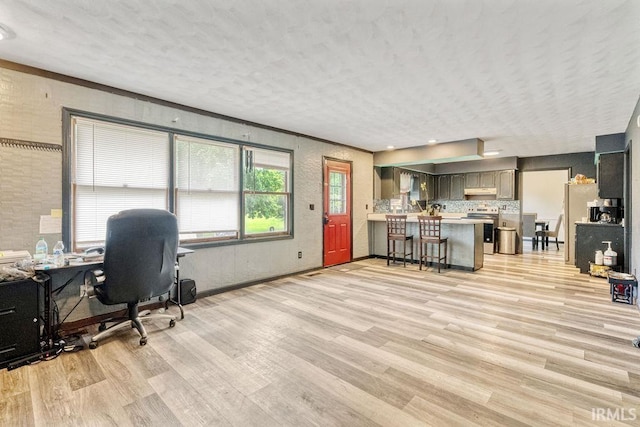 office featuring light wood-type flooring, baseboards, and a textured ceiling