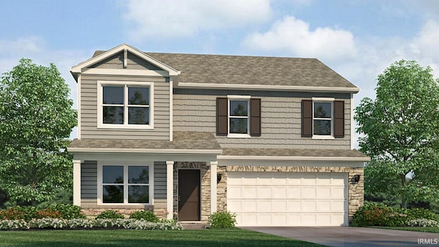 view of front of house featuring a shingled roof, an attached garage, concrete driveway, and a front lawn