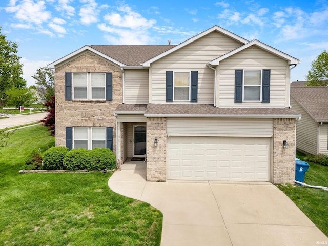 view of front of house featuring brick siding, a garage, driveway, a front lawn, and a shingled roof