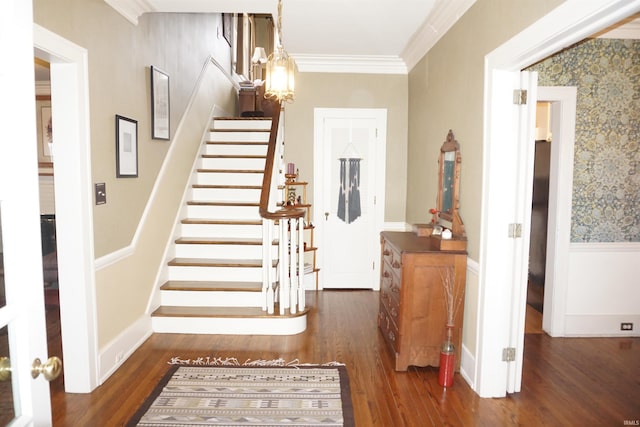 1208 Leeper Ave, South Bend, IN 46617 - entryway with wood finished floors, stairs, and ornamental molding